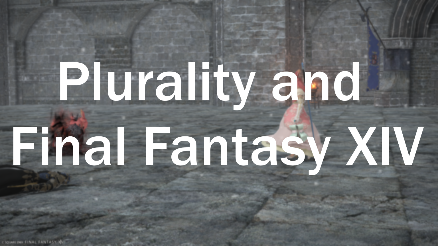Two versions of the warrior of light fighting. This image is blurred slightly with the text "Plurality and final fantasy xiv" overlaid onto it.
