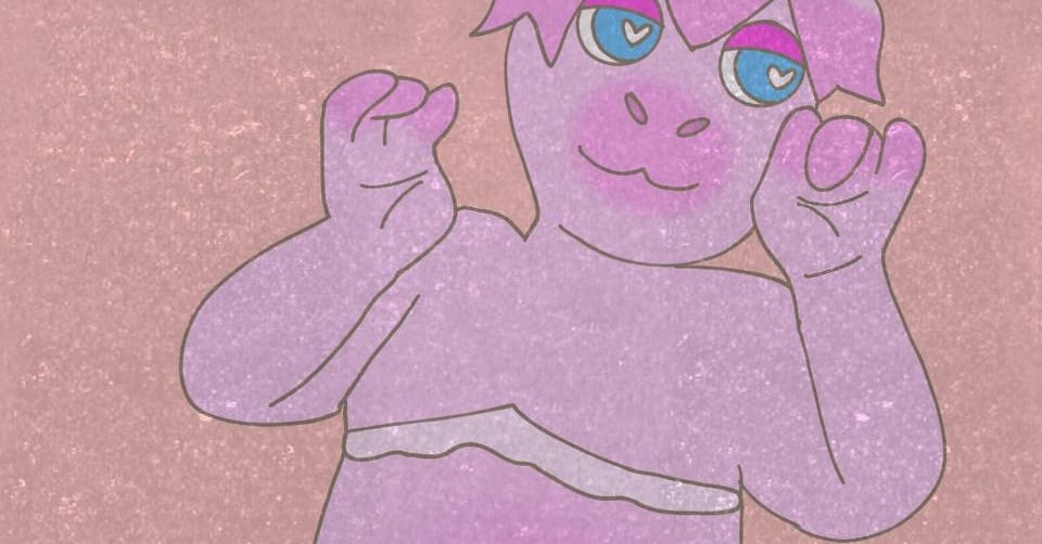 A pink anthropomorphic snail with top surgery scars. The snail has blue eyes and is smiling. He is bending his arms at the elbow.